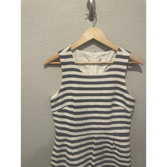 J Crew Dress 8 Coastal Nautical Striped Sheath Navy Blue Sleeveless Lined Pocket - Picture 4 of 13